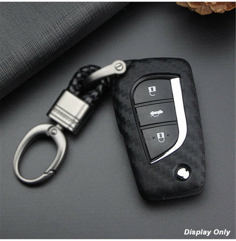 Carbon Fiber Grain Soft Silicone Key Fob Cover Case with Keychain for Toyota Camry 2018-up Flip Blade Key Remote