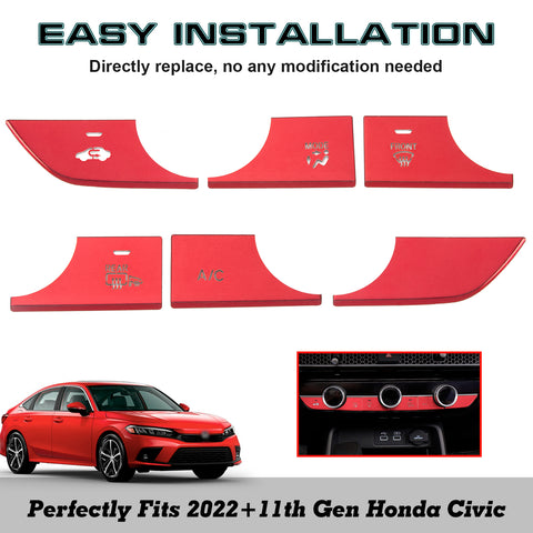 6pcs Red Inner Center Console AC Switch Cover Trim For Honda Civic 11th Gen 2022