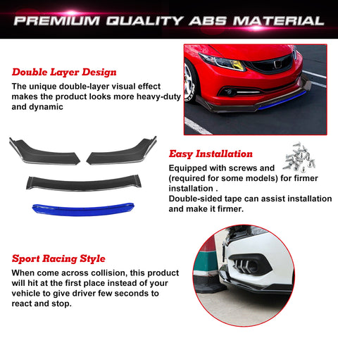 Front Bumper Lip Chin Spoiler Splitter Diffuser Protector Body Kit Compatible with Honda Accord Civic or Volkswagen MK5 MK6 MK7 or Kia Optima or Mitsubishi Lancer, Carbon Black w/Blue 4pcs