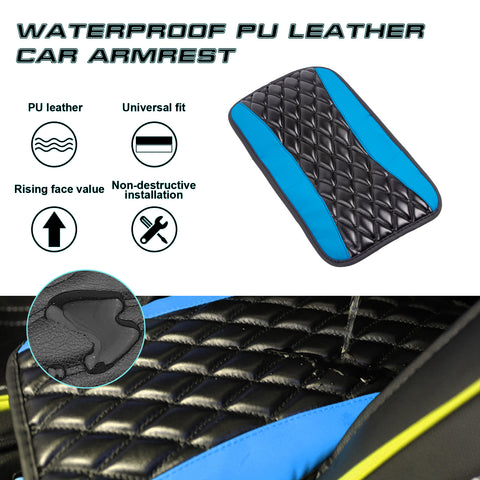 Xotic Tech Center Console Armrest Seat Box Cover Pad, Leather Cushion w/Flexible Elastic Band, Universal Accessories for Most Cars, SUV, Truck (Black & Blue 12.60"x7.48")