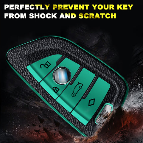 For BMW X1 X3 X5 X6 X7 5 7 Series Green TPU Leather Key Shell Fob Case Cover w/Keychain