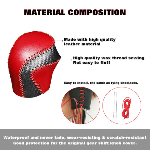 Central Console Gear Shift Head Knob Automatic Transmission Shifter Lever DIY Leather Sewing Protector Cover Decoration,Black Red with Red Stitches, Compatible with Toyota Camry 2018-2022