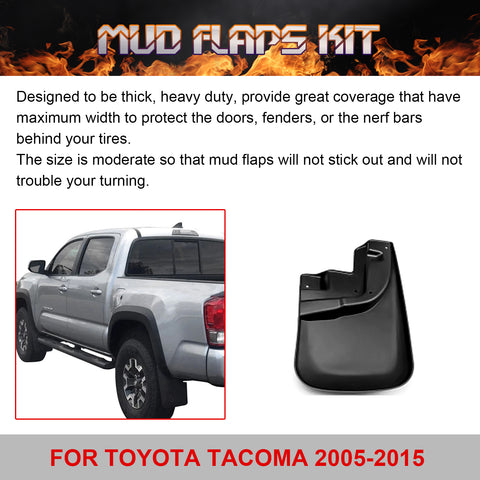 4PCS Front & Rear Mud Flap Splash Guards Fender Flare Mudguard Dirt Slush Trap Protector w/Hardware Accessories Full Set Compatible with Toyota Tacoma 2005-2015