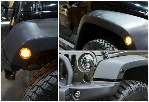 2pcs Round / Square Style LED Turn Signal Front Grill Side Marker Light Smoked Lens for Jeep Wrangler JK 2007-2017