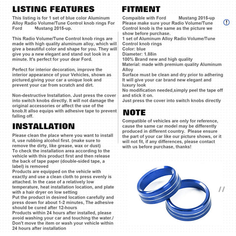 2pcs Centre Console Radio Volume Tune Switch Control Knob Surrounding Ring Decoration Covers Compatible with Ford Mustang 2015-up (Blue)