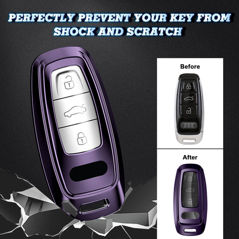 Xotic Tech Purple TPU Key Fob Shell Full Cover Case w/ Black Keychain, Compatible with Audi A6 C6 C5 A3 A4 B6 B7 B9 B8 A5 A2 Q5L Q3 A1 S3 A4L Q7 A5 A7 A8 Q5 R8 TT S5 S6 S7 S8 Smart Keyless Entry Key