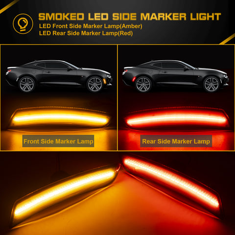 4PCS ABS Smoked Lens Front Rear LED Side Marker Light For Chevrolet Camaro 2016-2021
