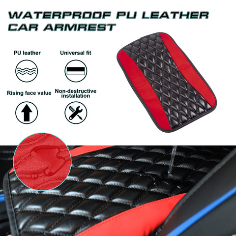 Center Console Armrest Seat Box Cover Pad, Leather Cushion w/Flexible Elastic Band, Universal Accessories for Most Cars, SUV, Truck (Black & Red 12.60"x7.48")