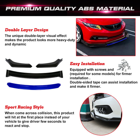 Front Bumper Lip Chin Spoiler Splitter Diffuser Protector Body Kit Compatible with Honda Accord Civic or Volkswagen MK5 MK6 MK7 or Kia Optima or Mitsubishi Lancer, Matte Black w/Blue 4pcs