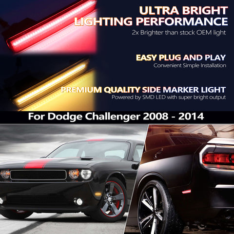 For Dodge Challenger 2008-2014 Smoked LED Front + Rear Side Bumper Marker Light