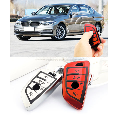 for BMW Key Fob Cover - Soft TPU Front + ABS Shell Back Blade Shape Key Case Pouch Key Protector for BMW X1 X5 X6 1 2 5 Series, Glossy Blue / Red / Silver