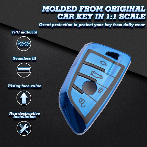 For BMW X1 X5 X6 5 7 Series Smart Key Fob Case Full Covered - Metallic Blue