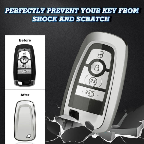 Xotic Tech Silver TPU Key Fob Shell Full Cover Case w/ Red Keychain, Compatible with Ford Mustang, F-150, F-250, F-350, Explorer or Lincoln MKZ Smart Keyless Entry Key