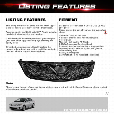 For 2011-2013 Toyota Corolla 4dr Sedan Black Front Upper Grille Cover Molding