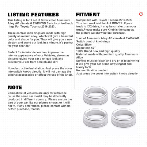For Toyota Tacoma 16-2023 Silver AC & 2WD/4WD Switch Control Knob Rings Cover
