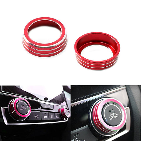 2x Red/Silver Anodized Aluminum AC Climate Control Ring Knob Covers For 16-up Honda Civic