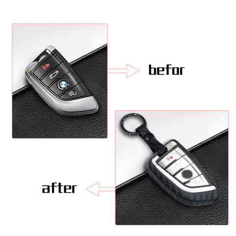 for BMW Key Fob Cover - Keyless Entry Carbon Fiber Style Key Fob Case with Keychain - Black TPU Remote Smart Key Holder Protector for BMW New 7 Series X1 X5 X6 M5 M6 5 Series 2018 3/4-button Key
