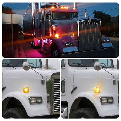 2pcs Double-Faced LED Fender Side Marker Signal Lights Square Shape Compatible With Freightliner Peterbilt Kenworth Heavy Truck Trailer, Amber/Red