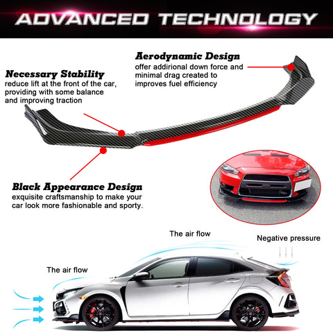 Front Bumper Lip Chin Spoiler Splitter Diffuser Protector Body Kit Compatible with Honda Accord Civic or Volkswagen MK5 MK6 MK7 or Kia Optima or Mitsubishi Lancer, Carbon Black w/Red 4pcs
