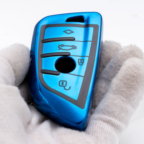 for BMW Key Fob Cover - Soft TPU Front + ABS Shell Back Blade Shape Key Case Pouch Key Protector for BMW X1 X5 X6 1 2 5 Series, Glossy Blue / Red / Silver