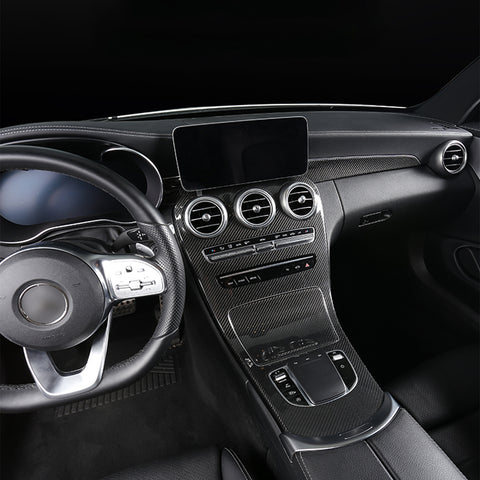 Center Console Gear Shift Panel Frame Cover Trim, Carbon Fiber Pattern, Compatible with Mercedes Benz C Class W205 2019-2020, GLC Class X253 2020 (Without Clock)