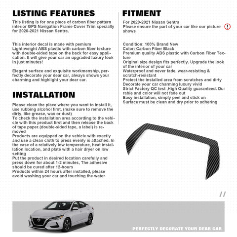 Interior Dashboard GPS Navigation Screen Frame Cover Trim, Carbon Fiber Pattern, Compatible with Nissan Sentra 2020-2022