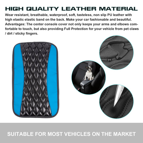 Xotic Tech Center Console Armrest Seat Box Cover Pad, Leather Cushion w/Flexible Elastic Band, Universal Accessories for Most Cars, SUV, Truck (Black & Blue 12.60"x7.48")