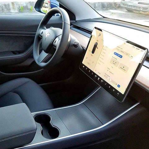 3pcs for Tesla Model 3 Center Console Wrap Sticker, Armrest Cup Holder Box Panel Trim, Protective Film Anti-Scratch Decal, Black Color Carbon Fiber Pattern / Matte Black / Matte White / Brushed Silver