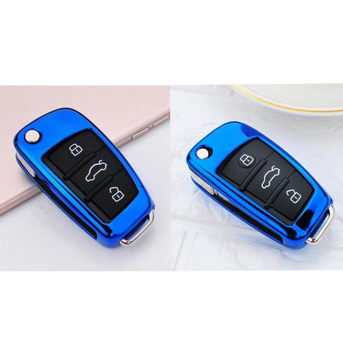 For Audi Key Fob Cover Case, Soft TPU Key Shell Cover Holder Protector Compatible with Audi A1 A3 A4 A5 A6 Q3 Q7 R8 A6L TT Flip Key 3 Buttons, Blue