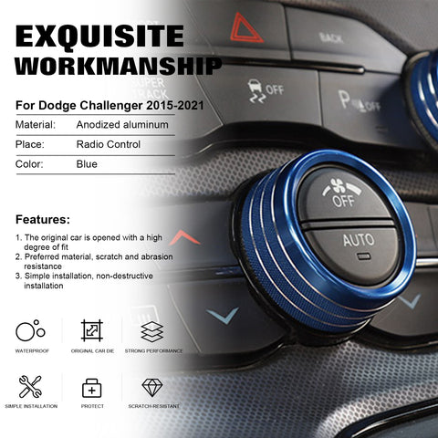 3PCS Blue Alloy Aluminum AC Climate Twist Radio Volume Adjust Switch Button Control Knob Ring Cover Trim Compatible with Dodge Charger Challenger or Chrysler 300 300s 2015-2021