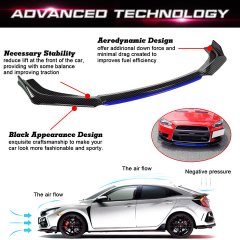 Front Bumper Lip Chin Spoiler Splitter Diffuser Protector Body Kit Compatible with Honda Accord Civic or Volkswagen MK5 MK6 MK7 or Kia Optima or Mitsubishi Lancer, Carbon Black w/Blue 4pcs