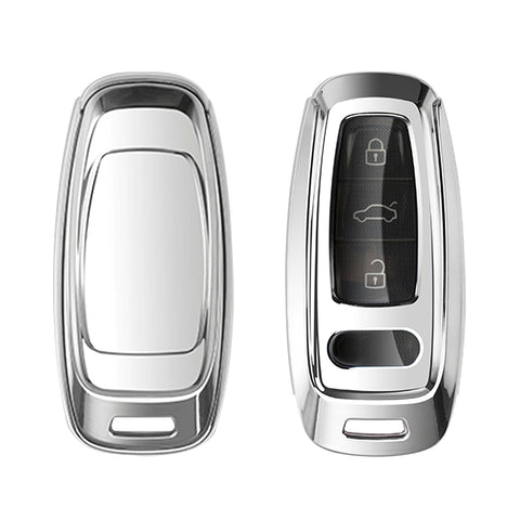 Xotic Tech Silver TPU Key Fob Shell Full Cover Case w/ Red Keychain, Compatible with Audi A6 C6 C5 A3 A4 B6 B7 B9 B8 A5 A2 Q5L Q3 A1 S3 A4L Q7 A5 A7 A8 Q5 R8 TT S5 S6 S7 S8 Smart Keyless Entry Key