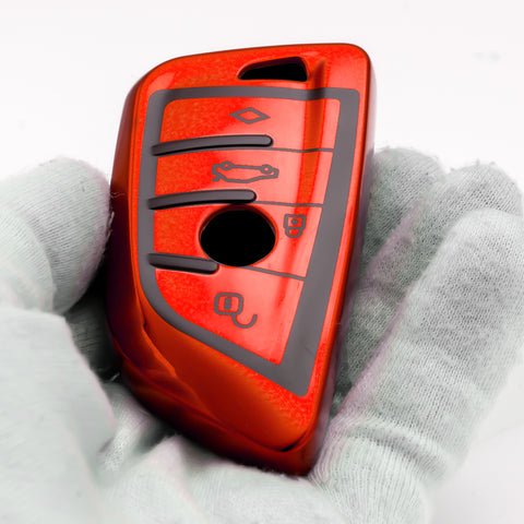 for BMW Key Fob Cover - Soft TPU Front + ABS Shell Back Blade Shape Key Case Pouch Key Protector for BMW X1 X5 X6 1 2 5 Series, Glossy Blue / Red / Silver