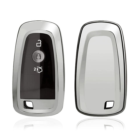 Xotic Tech Silver TPU Key Fob Shell Full Cover Case w/ Red Keychain, Compatible with Ford Mustang, F-150, F-250, F-350, Explorer or Lincoln MKZ Smart Keyless Entry Key