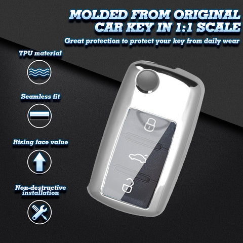 For Volkswagen Key Fob Cover, Flip Folding Remote Key Fob Case for VW Volkswagen Mk6 Bora Jetta GTI Passat Golf Tiguan Touareg Beetle, Silver