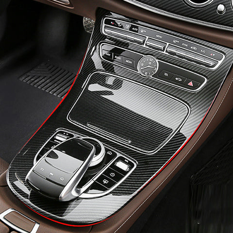 Center Console Gear Shift Panel Frame Cover Trim, Carbon Fiber Pattern, Compatible with Mercedes Benz E Class W213 2016-2018 (With Clock)