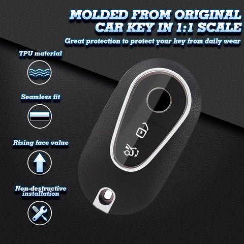 Black TPU w/Leather Texture Full Protect Remote Key Fob w/Keychain For Mercedes S-Class 2020+