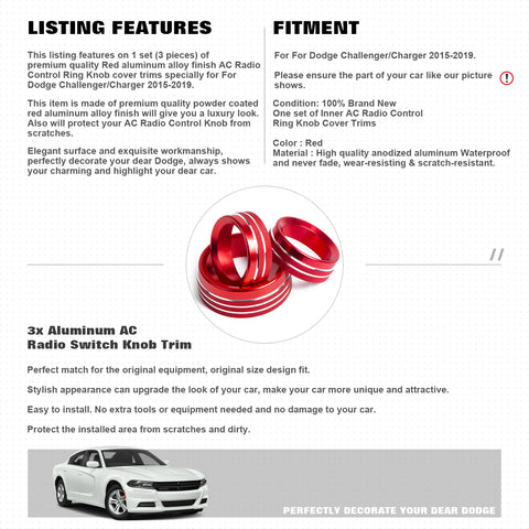 3X Alloy AC Radio Volume Adjust Knob Ring Circle Cover Trim For Dodge Charger Challenger 2015-2019