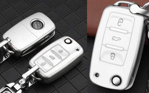 Key Fob Cover for VW Volkswagen Golf GTI Passat Beetle Tiguan Polo EOS Jetta MK1-MK6 3 Buttons,Soft TPU Full Protection Key Shell Case Smart Remote Entry,White