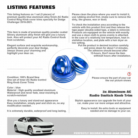 3PCS Blue Alloy Aluminum AC Climate Twist Radio Volume Adjust Switch Button Control Knob Ring Cover Trim Compatible with Dodge Charger Challenger or Chrysler 300 300s 2015-2021