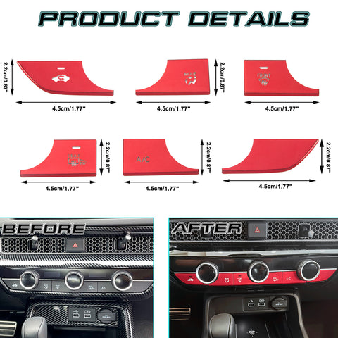 6pcs Red Inner Center Console AC Switch Cover Trim For Honda Civic 11th Gen 2022