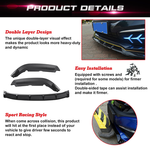 Front Bumper Lip Chin Spoiler Diffuser Splitter Guard Body Kit, Matte Black, Compatible with Honda Civic Sedan 2019-2021