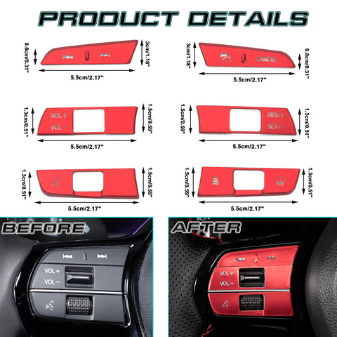 6x Red JDM Sporty Steering Wheel Button Cover Trim For Honda Civic 11th Gen 2022