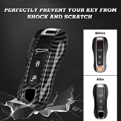 Carbon Fiber Texture Remote Control Key Fob Cover Hard Shell w/Keychain For Porsche Cayenne Panamera 2018+