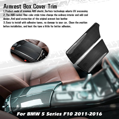 Interior Central Armrest Box Panel Cover Trim, Carbon Fiber Pattern, Compatible with BMW 5 Series F10 F11 2011-2016 (2pcs)