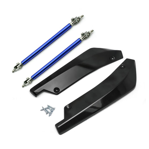 JDM Universal Rear Bumper Canard Diffuser Splitter Valence Spoiler Fin Lip Trim, Glossy Black with Adjustable 6"-9" Support Rod -Blue
