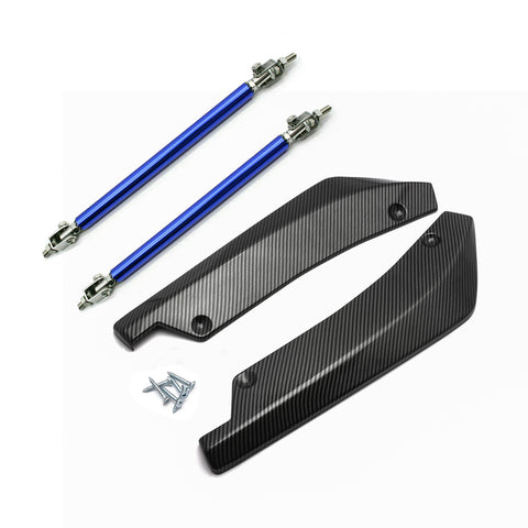 JDM Universal Rear Bumper Canard Diffuser Splitter Valence Spoiler Fin Lip Trim, Carbon Fiber Pattern with Adjustable 6"-9" Support Rod -Blue