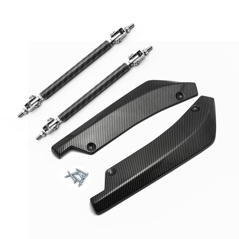 JDM Universal Rear Bumper Canard Diffuser Splitter Valence Spoiler Fin Lip Trim, Carbon Fiber Pattern with Adjustable 6"-9" Support Rod -Black Carbon