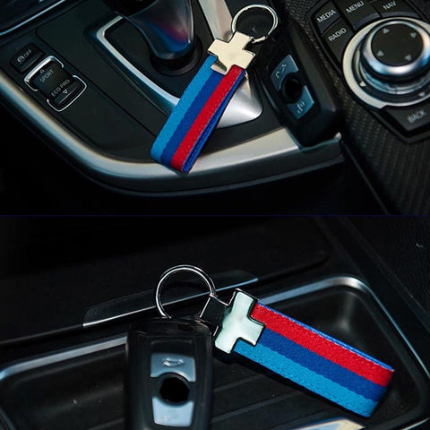 1x Flag Stripe Nylon Band w/ Inner Leather Key Fob Chain Keychain Ring For Audi BMW Mercedes Porsche etc Germany/M-colored/Italian Flag