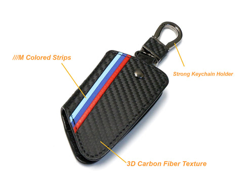 1 Piece ///M Carbon Fiber Leather Keyless Remote Entry Key FOB Cover M-Colored Strip For BMW X1 X5 X6 5 7 Series G30 G31 G11 G12/ X1 X3, M3 M5 M6, GT3 GT5